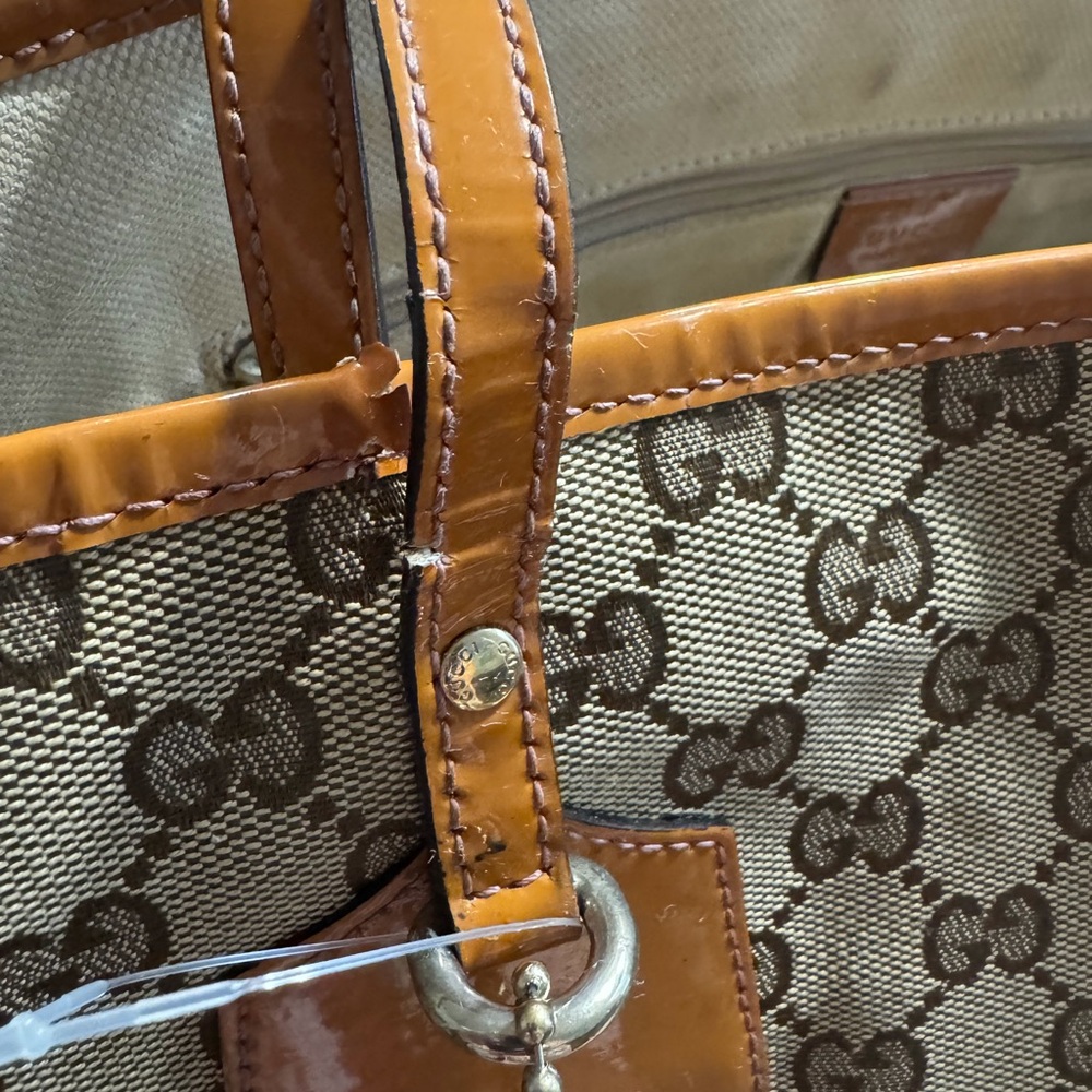 Gucci Tote Bag GG Canvas Beige Orange Chien Pan Gold Hardware - Picture 10 of 11